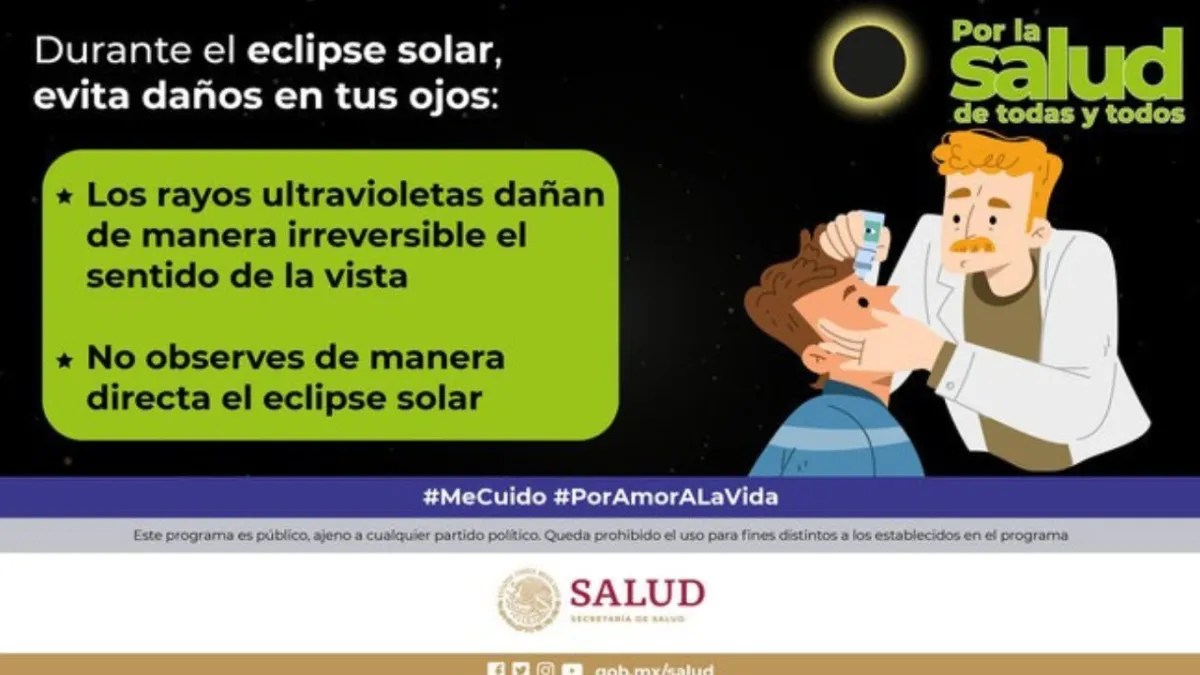 Foto: Ssa | La Secretaría de Salud alertó de los peligros que se pueden correr al mirar el eclipse sin filtro.