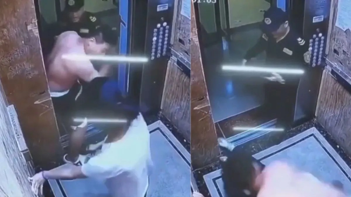 Foto: Redes sociales | Policía golpea a un hombre que estaba agrediendo a un mujer en un ascensor