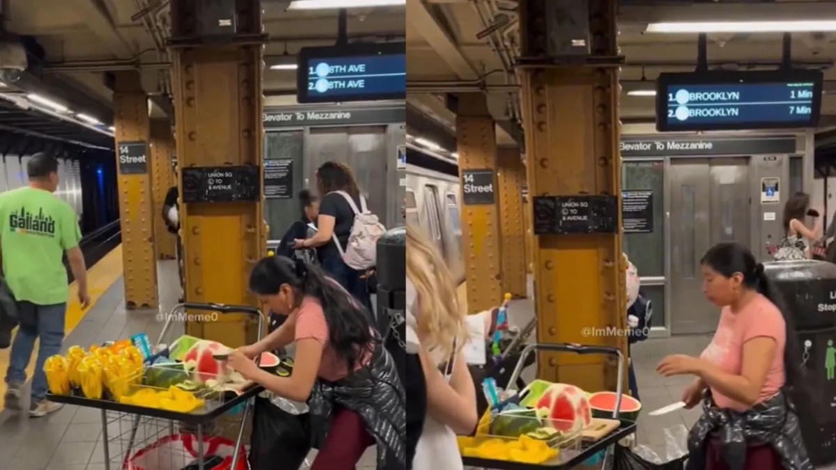 Captura: X/@ImMeme0 | Mujer emprendedora, se viralizó en redes por vender fruta al interior del Metro de NY