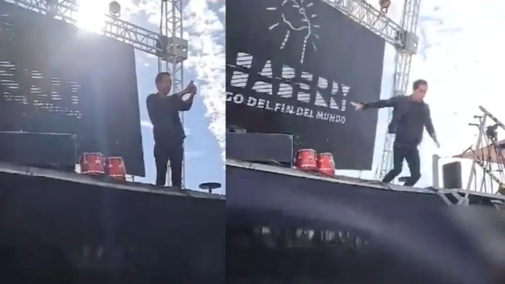 Captura: Redes sociales | El mago Jean Paul Olhaberry se salvó de ser aplastado por una pantalla gigante que cayó sobre el escenario instalado durante los festejos del Centro Cultural de San Antonio