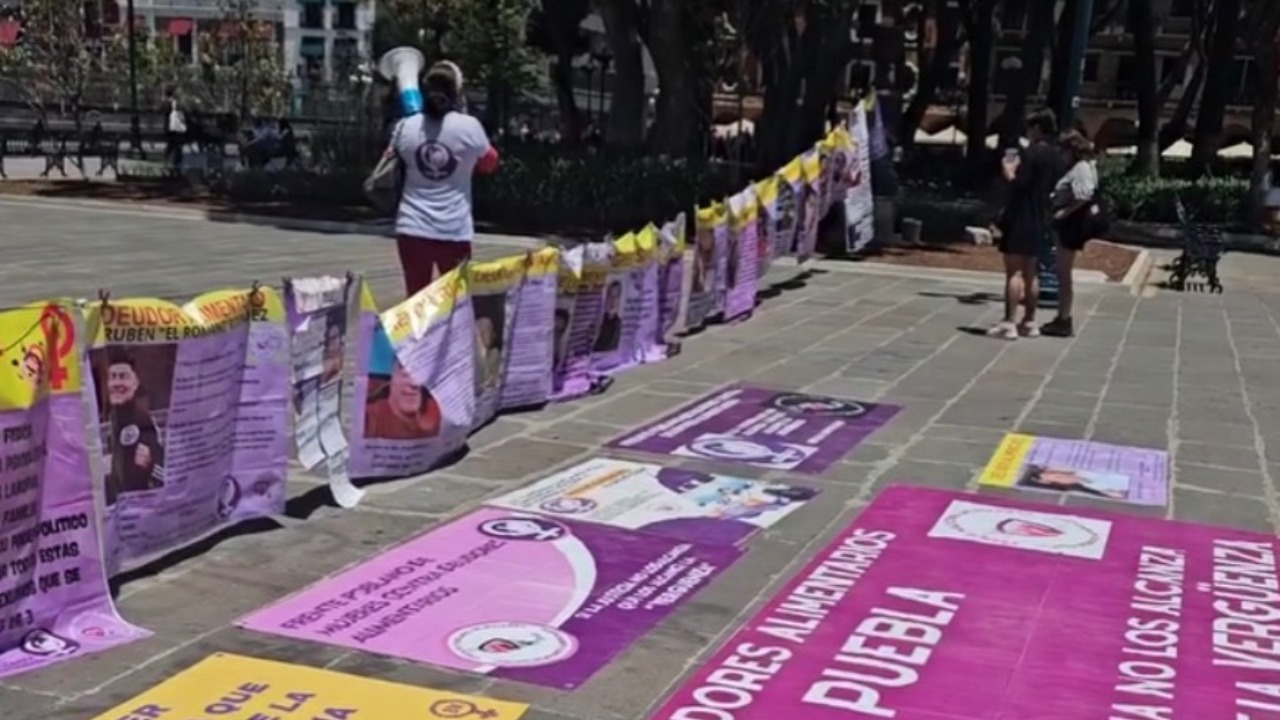 El Frente Poblano de Mujeres contra Deudores Alimentarios instaló un “tendedero” en el zócalo de la capital, con el objetivo de exhibir las fotografías de decenas de hombres que han incumplido durante meses o años en sus obligaciones económicas con sus hijos | FOTO: Especial